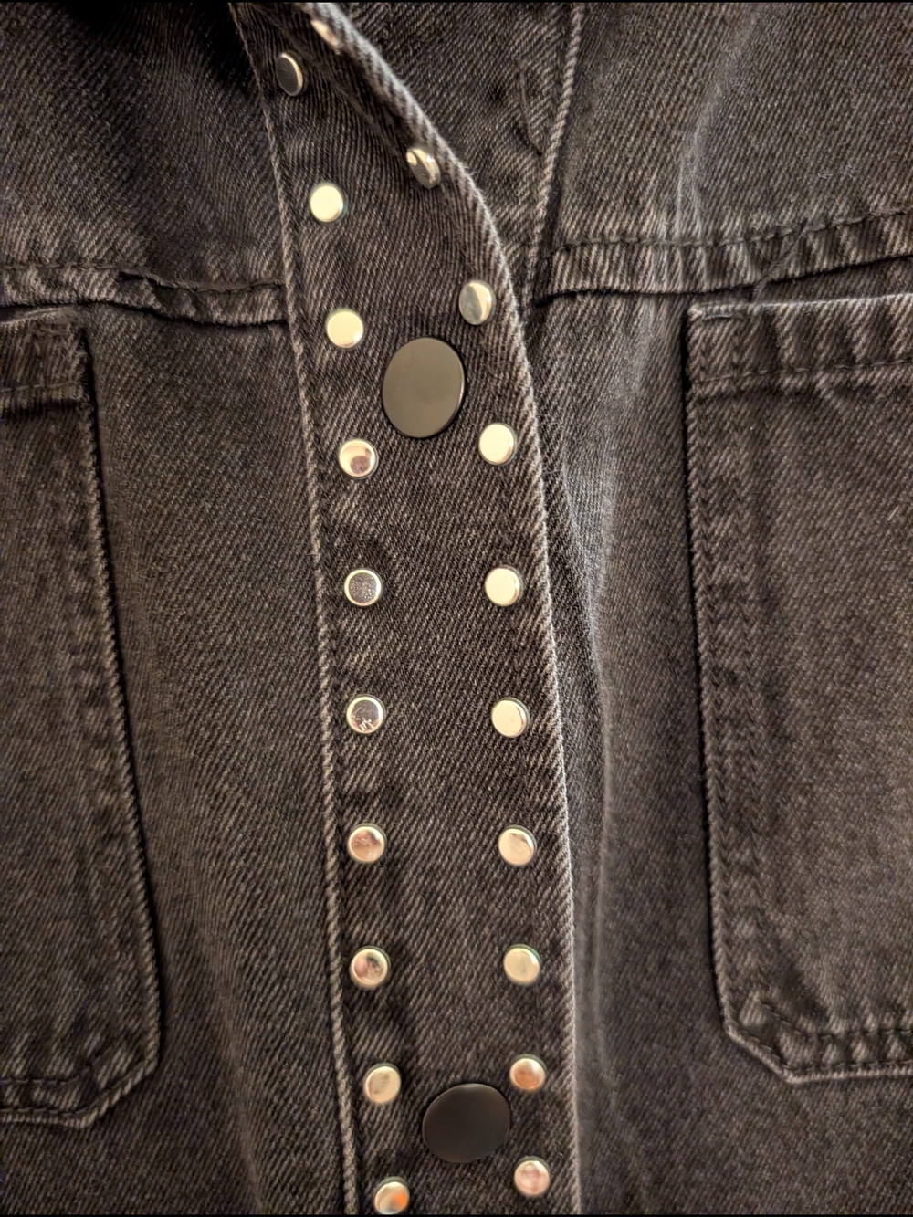 Love Fire Silver Studded Cropped Black Denim 90s Moto Biker Jacket Womens Medium - Picture 6 of 15